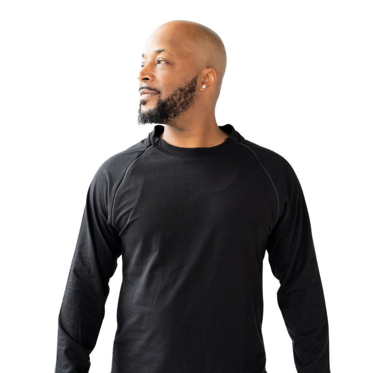 CW Adaptive Crew sweatshirt for men - comfortable port access chemo clothing with discreet openings for chemotherapy infusions and PICC lines, soft treatment-friendly adaptive wear